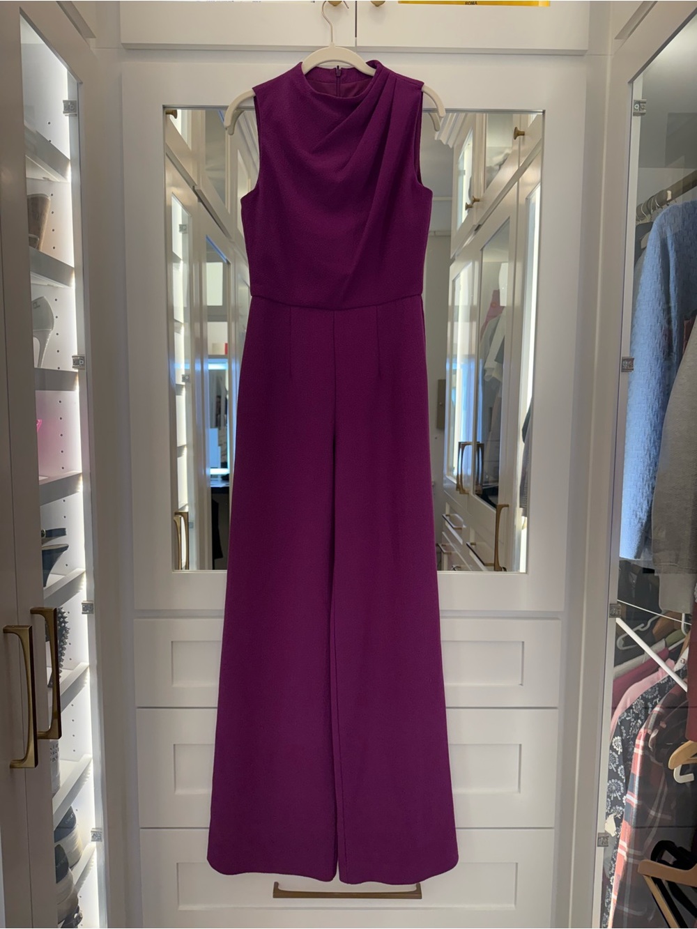 Black Halo Magenta Wide Leg Jumpsuit Draped Neck Size 4